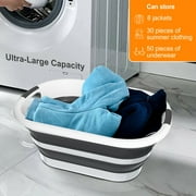 40L Collapsible Plastic Laundry Basket, Foldable Pop Up Storage Container Space Saving Washing Tub Organizer (1, White/Grey)