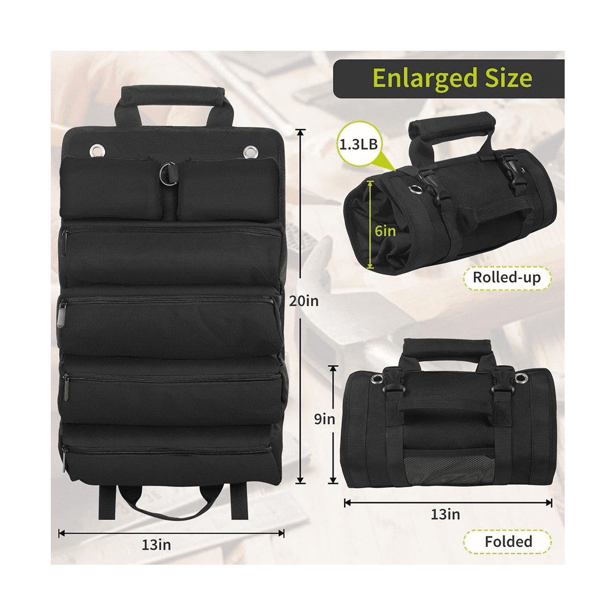 Tool Roll Up Bag, Roll Tool Organizer with 3 Detachable Pouches
