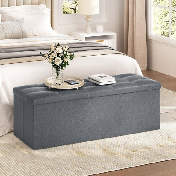 Lusimo 43" Storage Ottoman Bench with Divider, Multifunctional Foot Stool, Toy Chest & Shoe Bench for Bedroom, Living Room, and Entryway, Foldable Storage Chest with Seating, Gray