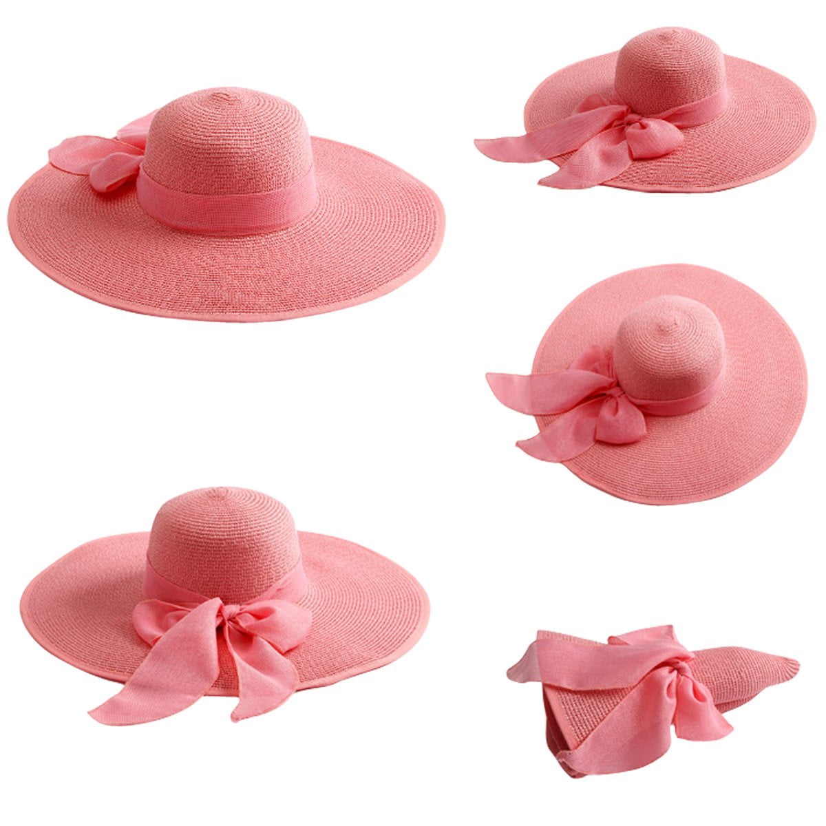 Womens 5.5 Inches Big Bowknot Straw Hat Large Floppy 