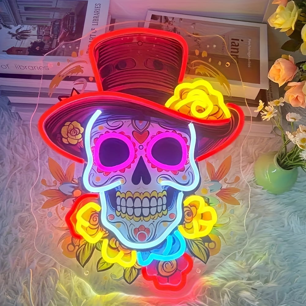 Mexican Day of the Dead Skull Neon Sign - USB-Powered Gothic Decor with Top Hat, Multicolor Lighting for Home/Bar/Restaurant, Durable Plastic, Festive UV Print Artwork