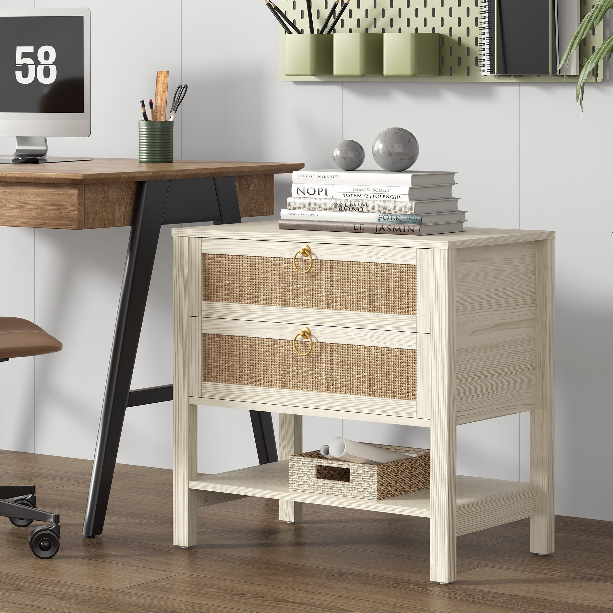 Surmoby 26.7"W Boho Nightstand Set of 2 - Coastal Farmhouse Bedside Tables with 2 Rattan Drawers & Open Shelf, Cream White Finish for Bedroom/Living Room