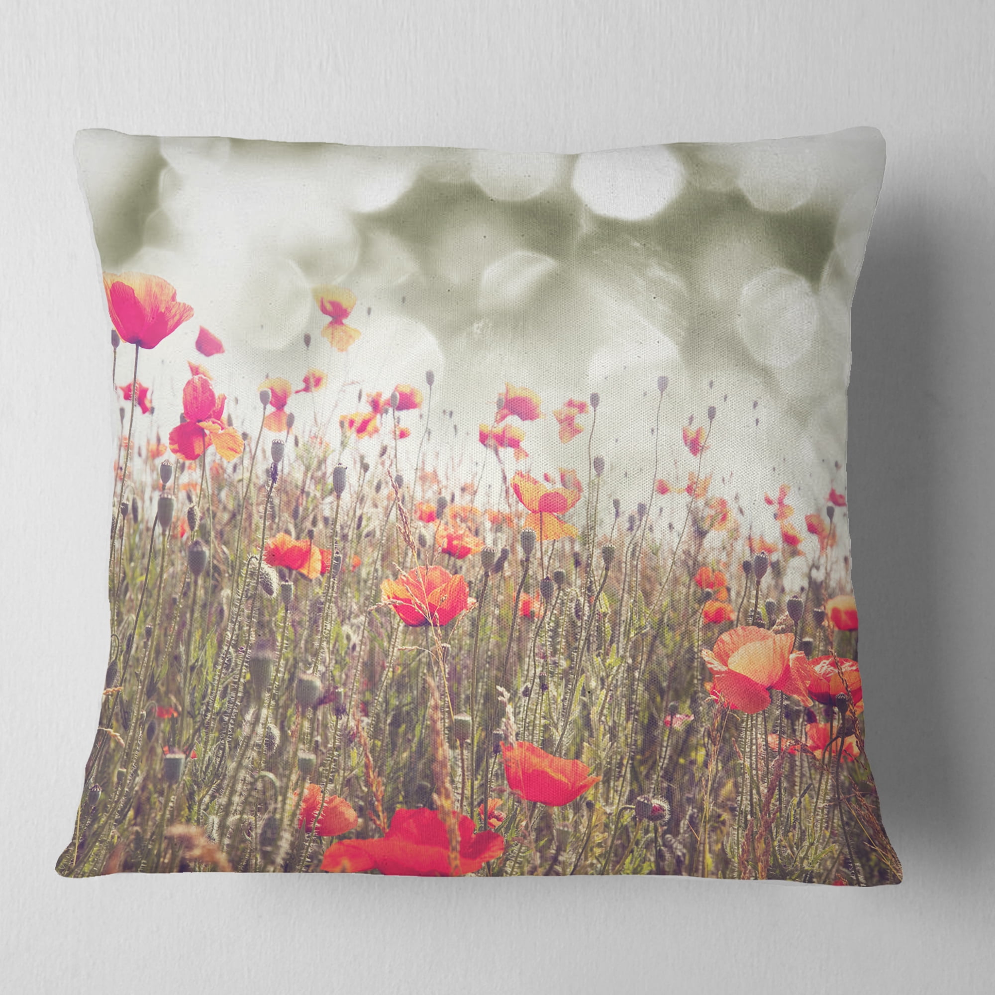 Designart Red Poppy Flowers Meadow - Floral Throw Pillow - 16x16