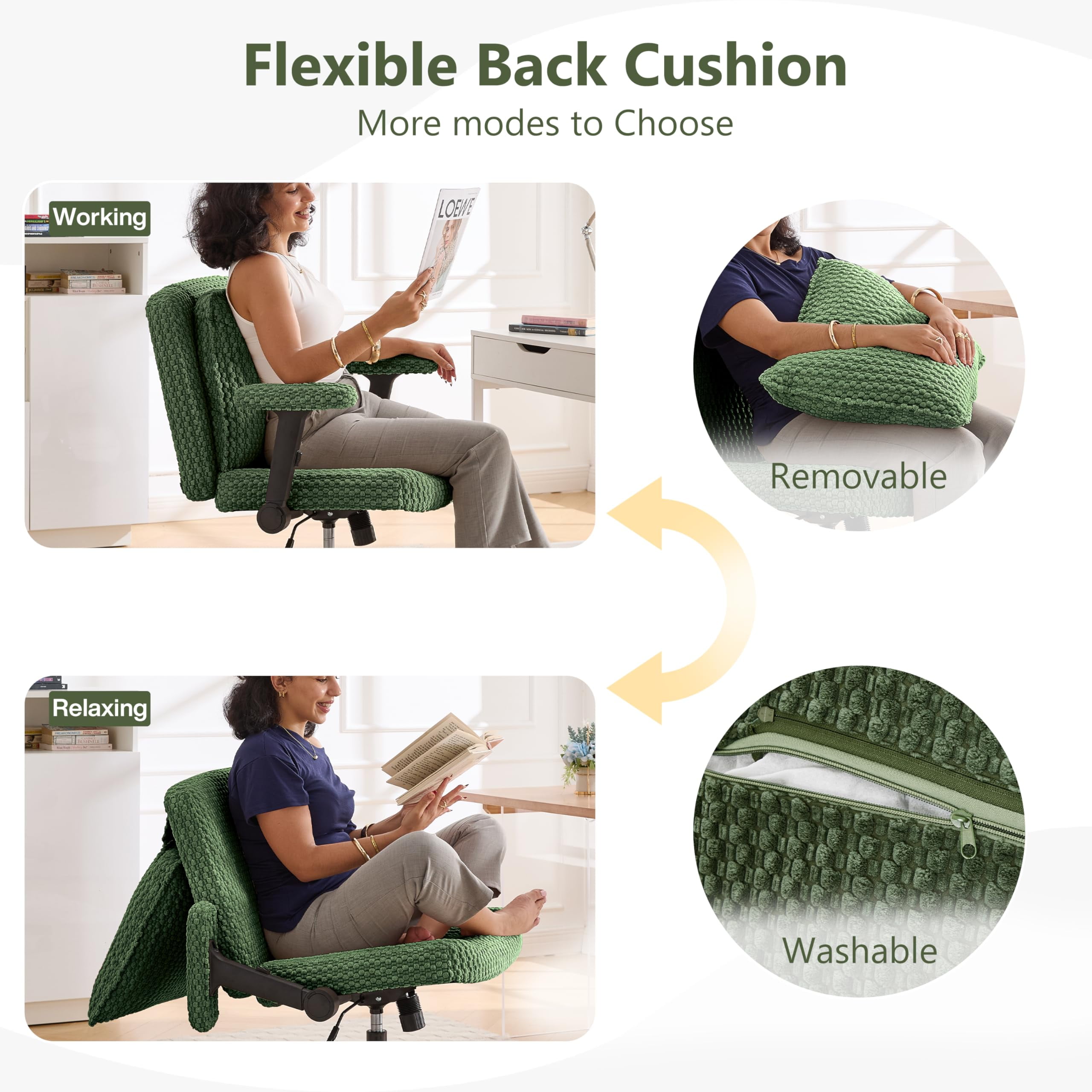 Nexthro Criss Cross Chair,Cross Legged Chair with Wheels and Arms,27" Wide Seat Office Desk Chair with Flipable Back Cushion,Mid Back Beige Swivel Chair for Home Office,Bedroom Vanity(Green)