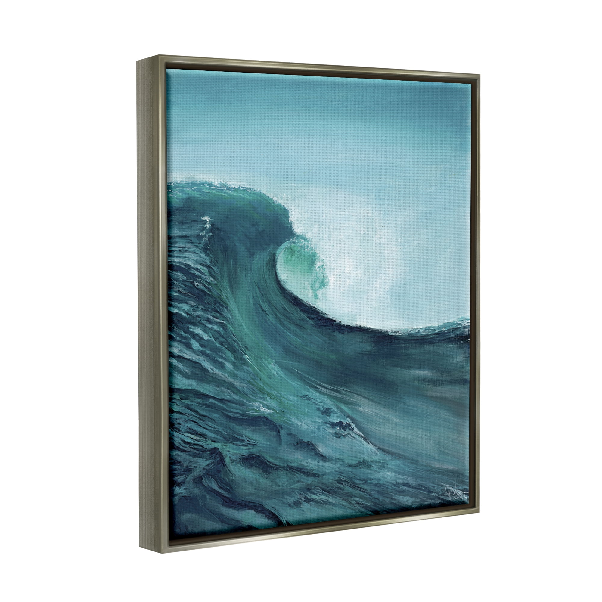 Stupell Industries Tsunami Wave Panting Nature Painting Gray Floater Framed Art Print Wall Art, 25 x 31