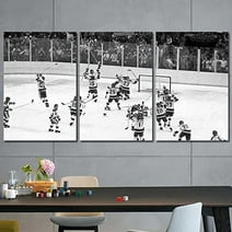 3 Pieces Miracle on Ice Hockey Black and White Sports Canvas Painting Prints Art Poster Pictures for Living Room Office Decor with Wooden Inner Frame