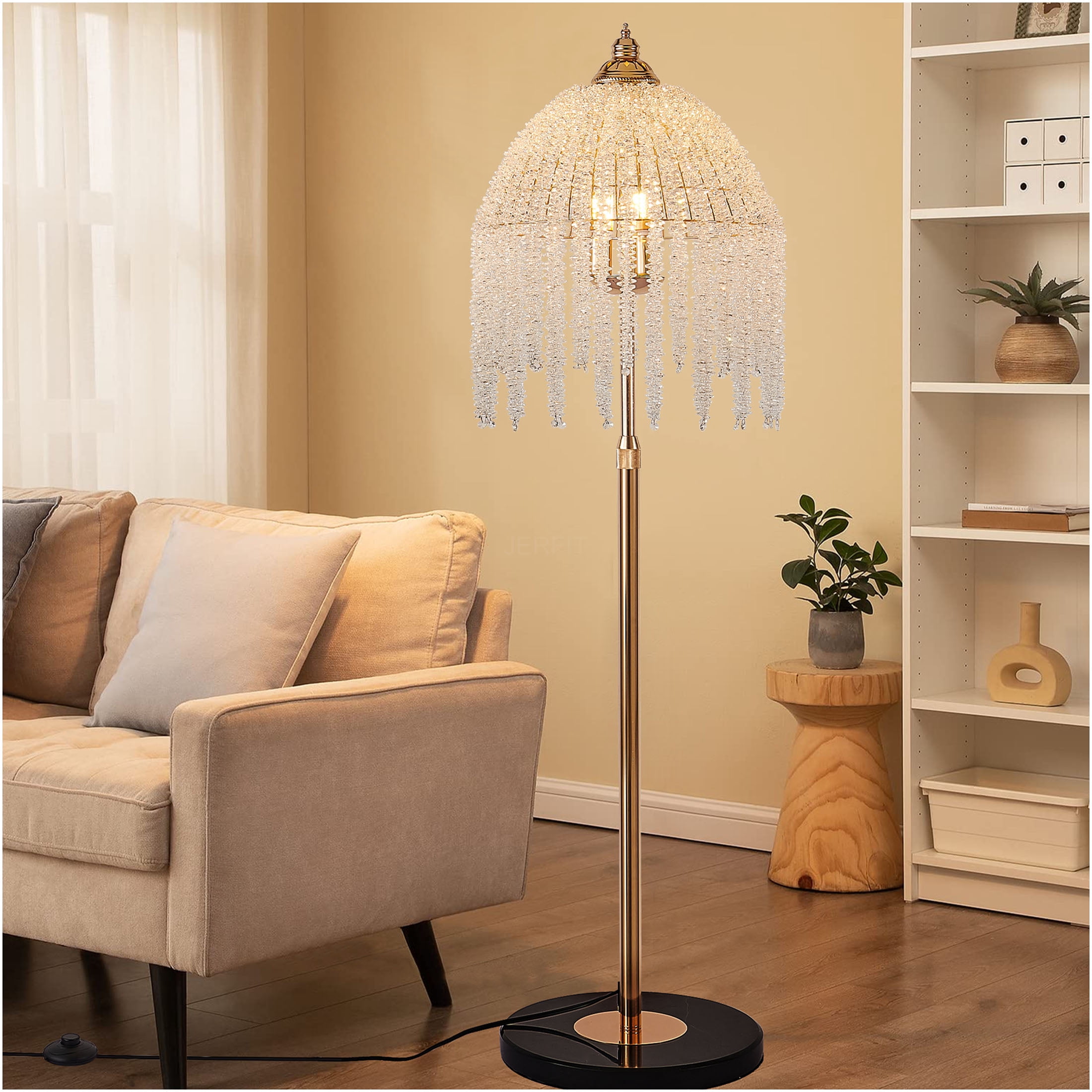 JERFIT 3-Light Crystal Floor Lamp with Waterfall Beads, Vintage Gold Iron Floor Light for Living Room, Bedroom, Office Decor, Plug-in with Foot Switch, No Bulbs Included