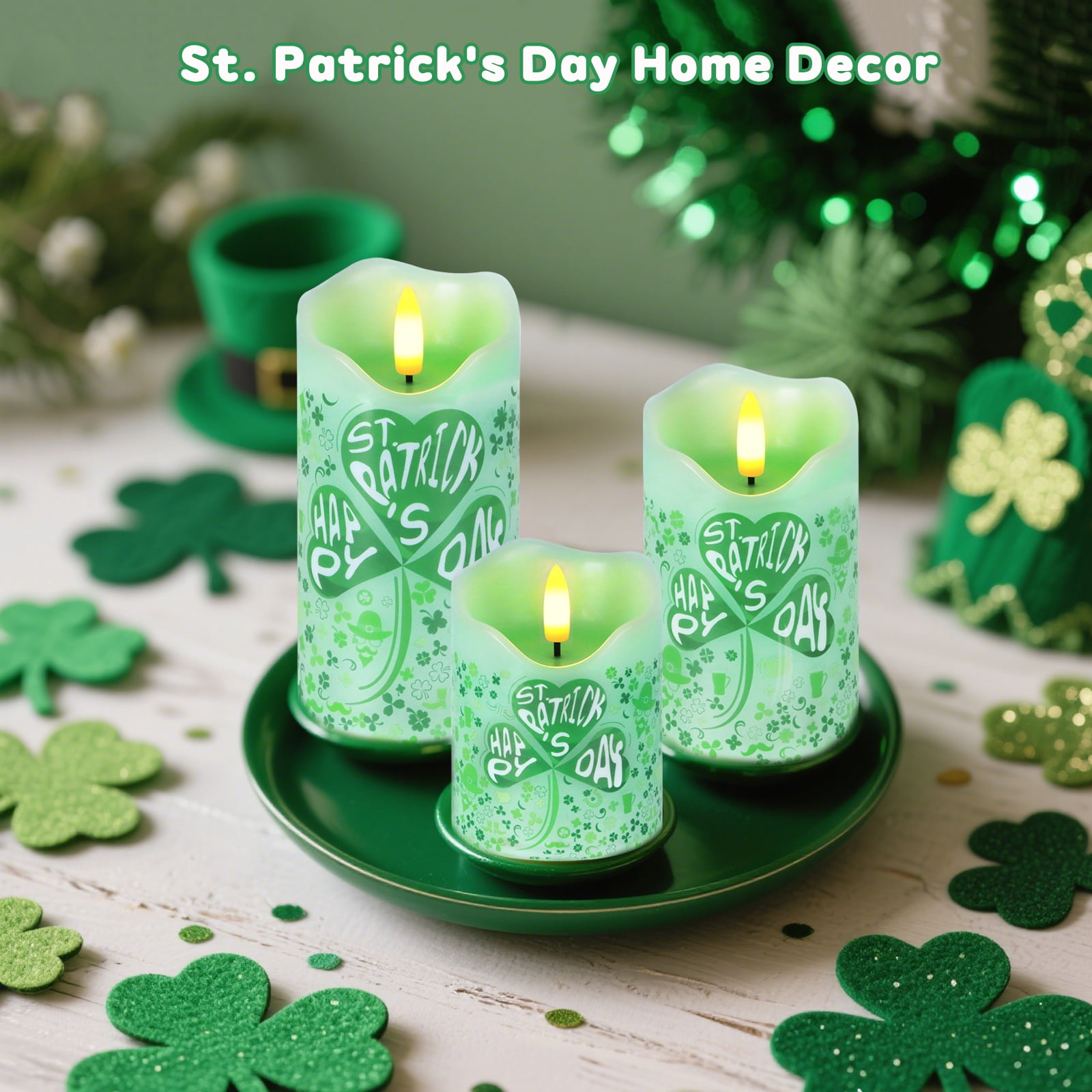 St. Patrick's Day Flameless Candles, Set of 3 Flickering Shamrock LED Candles with Remote & Timer, Dimmable Electric Pillar Candles Battery Operated, Green Candles for Home St. Patrick's Day Decor