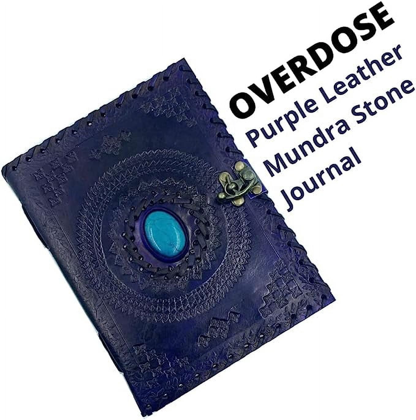 OVERDOSE Purple Mundra Stone Leather Journal With Brass C-Lock - Handmade Unlined Paper Leather Bound Journal | Sketchbook & Notebook - Drawing Journal - 5 x 7 inches | 12 x 17 cm | A6