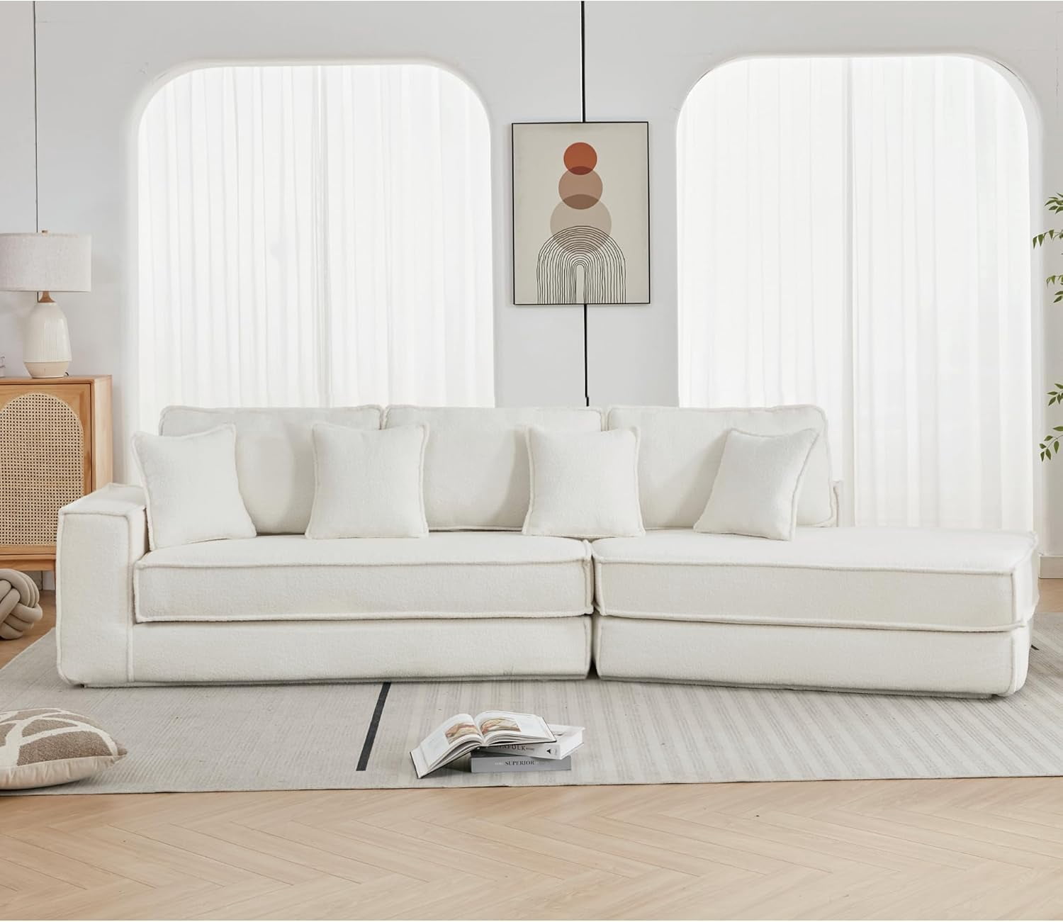 Howcool 133" Modular Cloud Sectional Sofa Bed, 2-in-1 Folding Convertible Couch, Lamb Velvet Fabric, Deep Seat Floor Gaming Sofa, 3-Seat Sleeper for Living Room, Beige