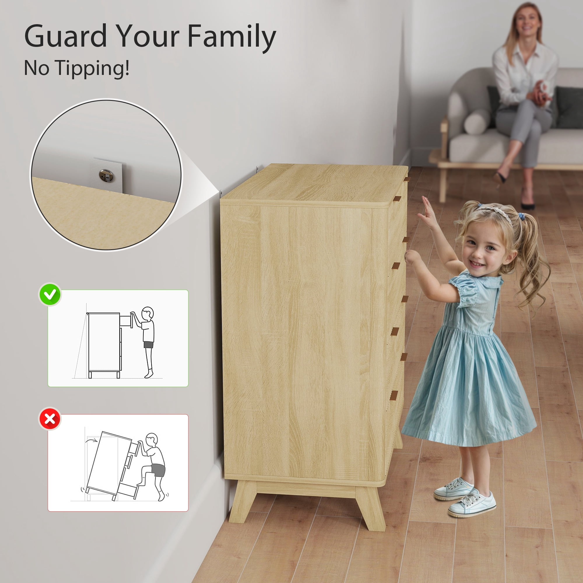 HOMCOM Fluted Dresser for Bedroom with 4 Drawers, Chest of Drawers with Gold Finger Pulls and 4 Wood Legs, Natural Wood