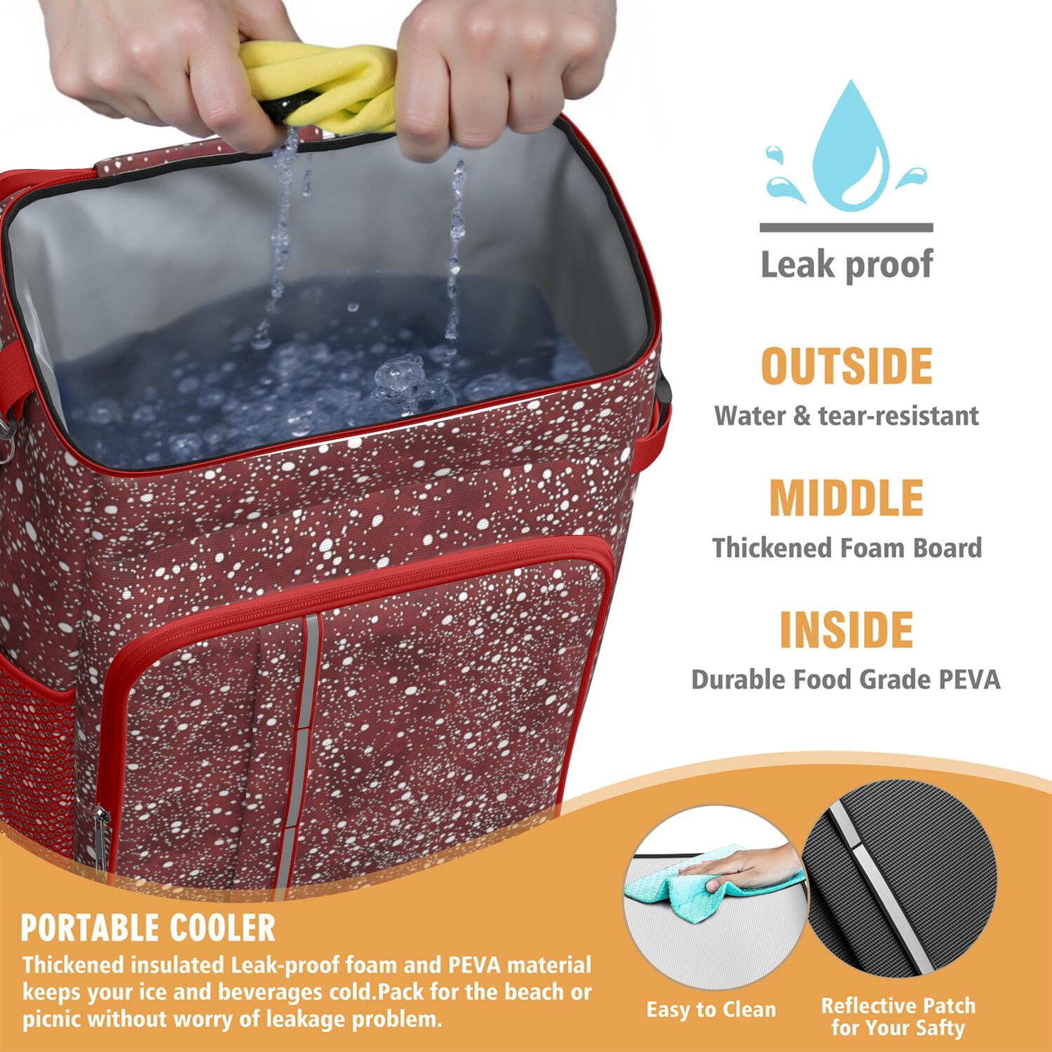 Travel Cooler Bag - Red Christmas Snow Pattern Camping Beer Cooler Backpack with Bottle Opener- Waterproof Insulated Picnic Backpacks - Cooler Bag for Beach