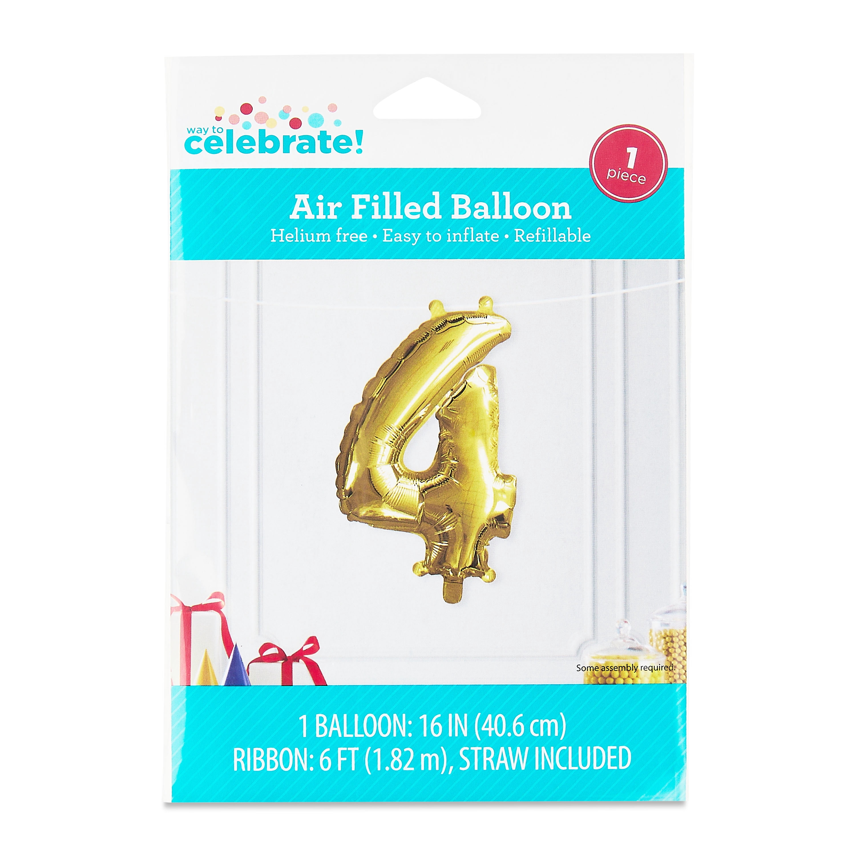 16 inch Number 4 Foil Balloon, Gold, by Way To Celebrate