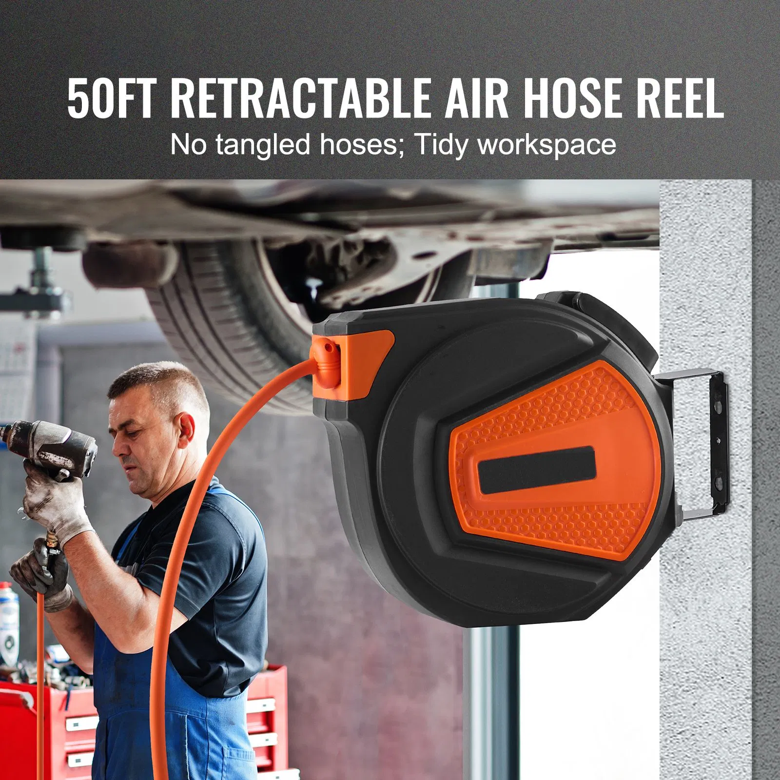 Retractable Air Hose Reel 3/8" x 50 FT Hybrid Hose Max 300 PSI Ceiling Wall Mount Enclosed Reel with 5' Lead and 180° Swivel for Easy Use