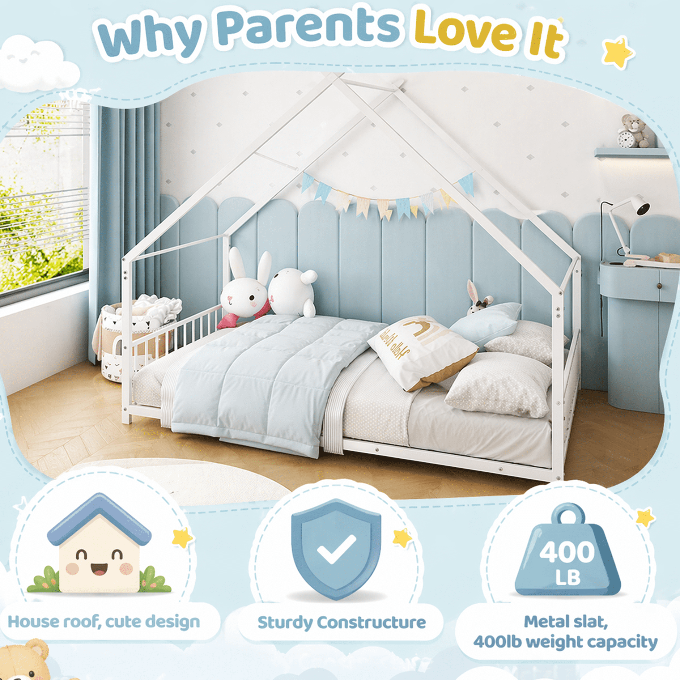 SESSLIFE Twin-Size House Bed, Metal Twin Platform Bed Frame, House-shaped Design, Tent Bed with Roof and Chimney for Bedroom, No Box Spring Needed, Easy Assembly,White