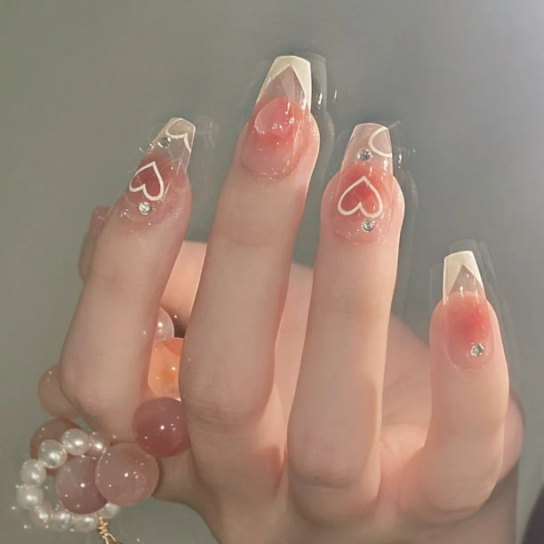 Cute Valentine's Day French Tip Press On Nails - Glossy Pink Blush Acrylic False Nails with White Heart Pattern - Full Coverage Sticks On Nails for Women