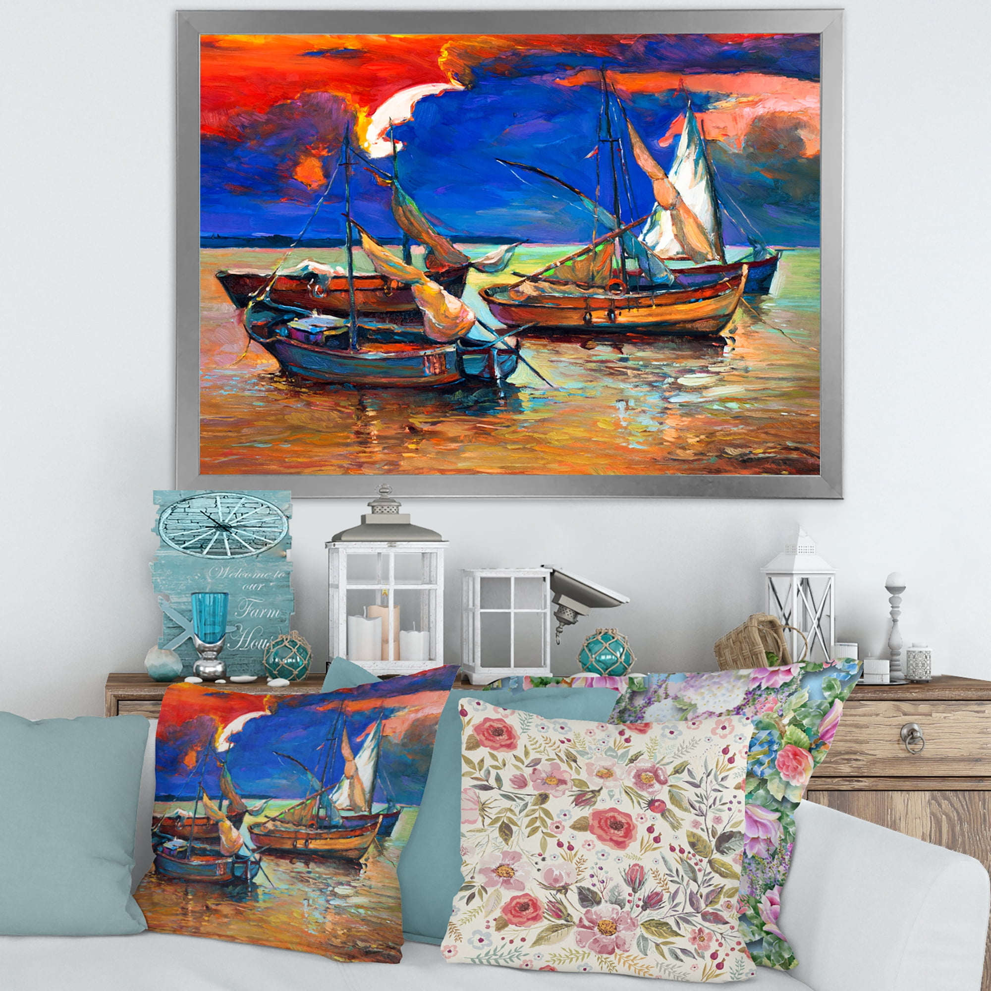 Designart 'Boats On The Water With Dark Blue Sky I' Lake House Framed Art Print