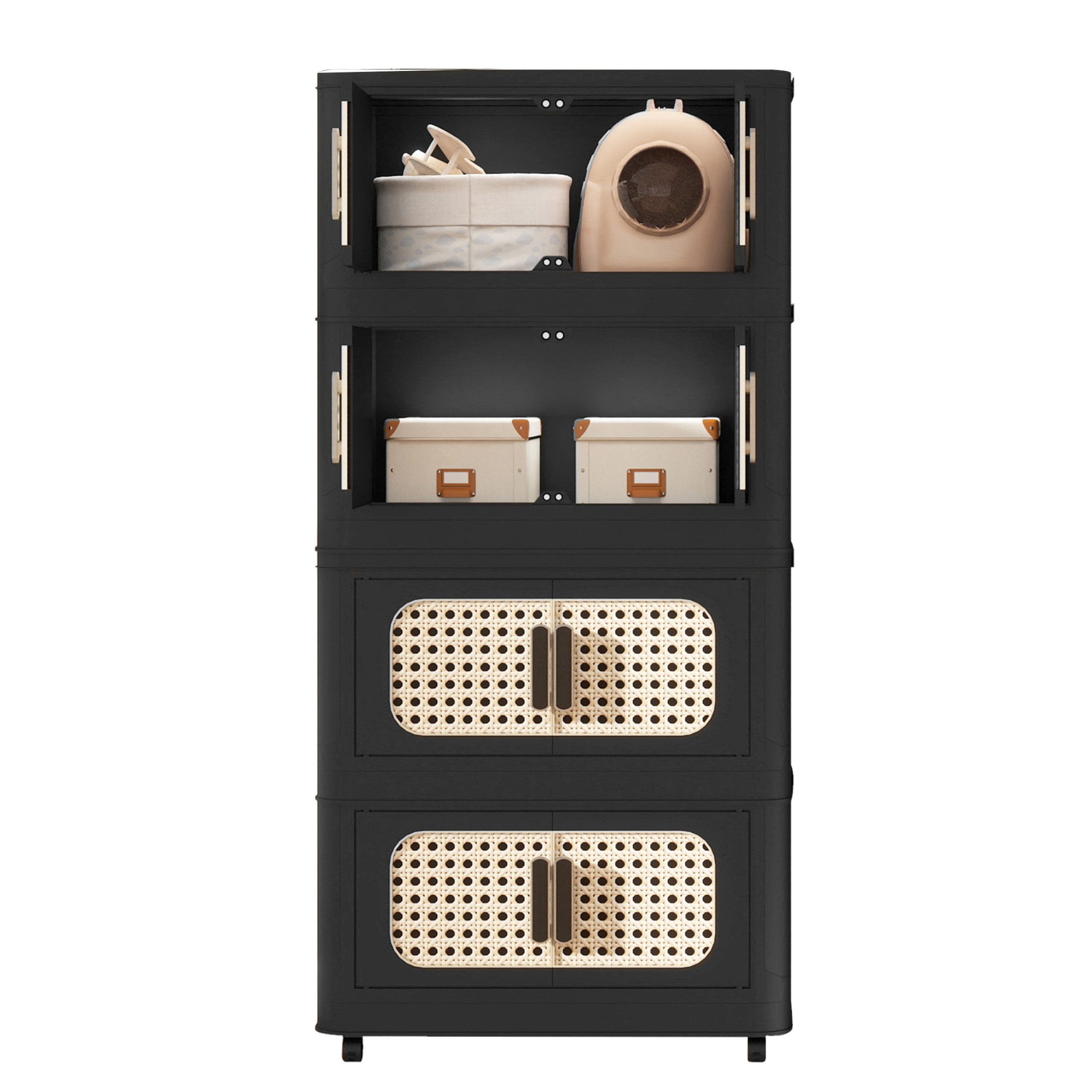 Noble House 20" Folding Plastic Storage Cabinet, 4-Tier Collapsible PP Bins, Magnetic Door with Wheels, Retro Black