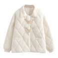 thumbnail image 1 of Chaqueta informal de manga larga con capucha y bolsillos de algodón con botones de piel de vaca y cuadros de rombos para mujer, 1 of 8