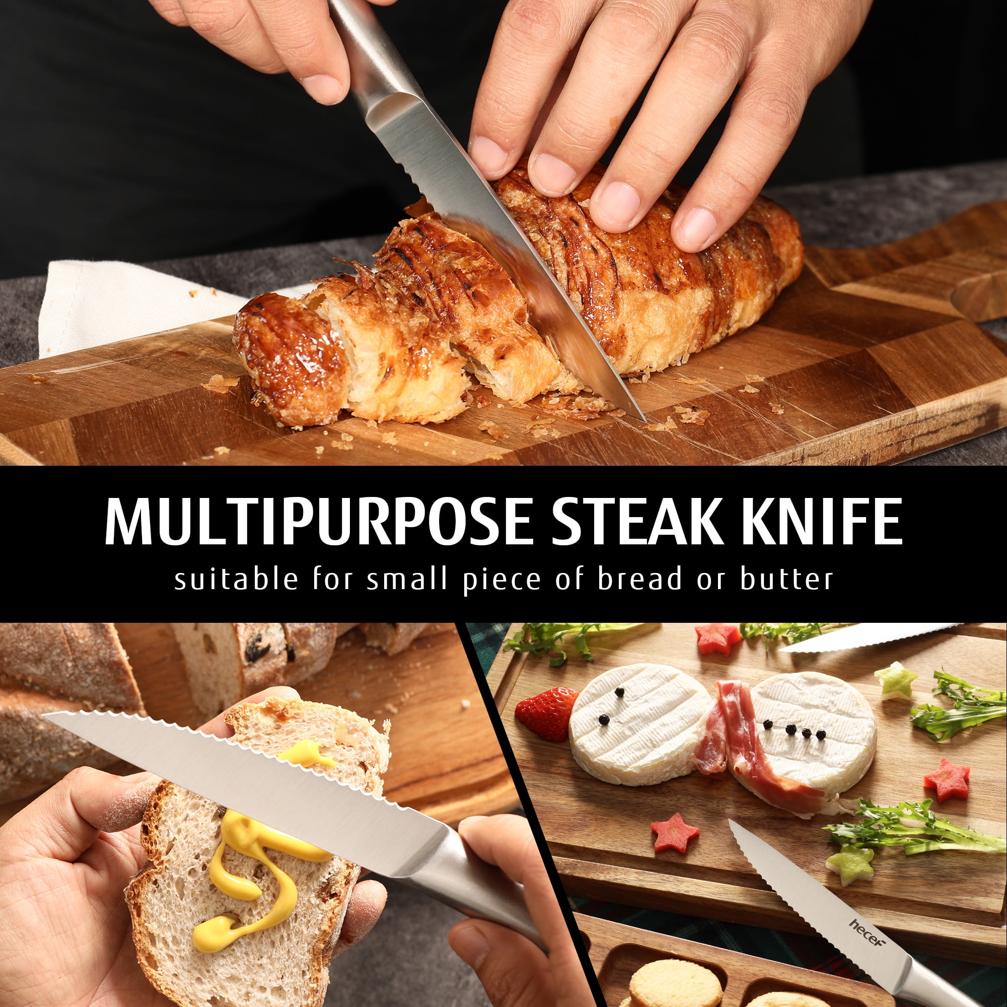 Hecef All-Steel Steak Knife Set of 6, High-Carbon Stainless Steel Serrated Edge Dishwasher safe Knives