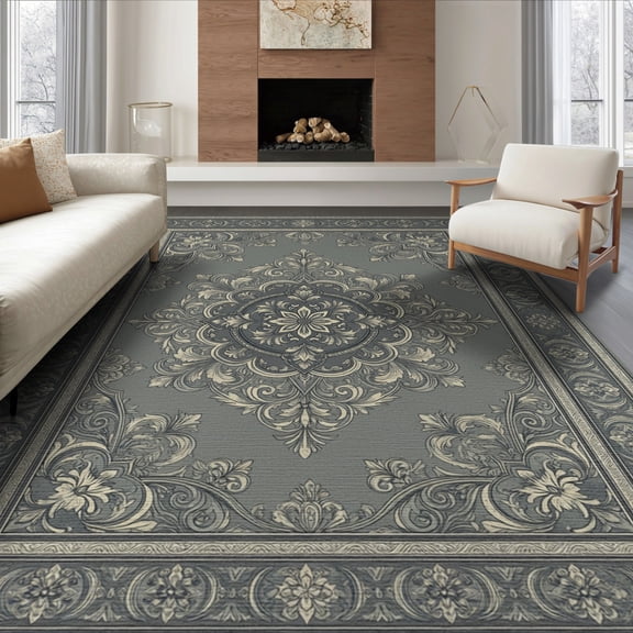 ODIKA 8'x10' Washable Area Rug Non-Shedding, Easy Care, Traditional Medallion With Distressed Floral Border Retro Vintage Refined for King Size Bedroom Under Bed, Master Suite