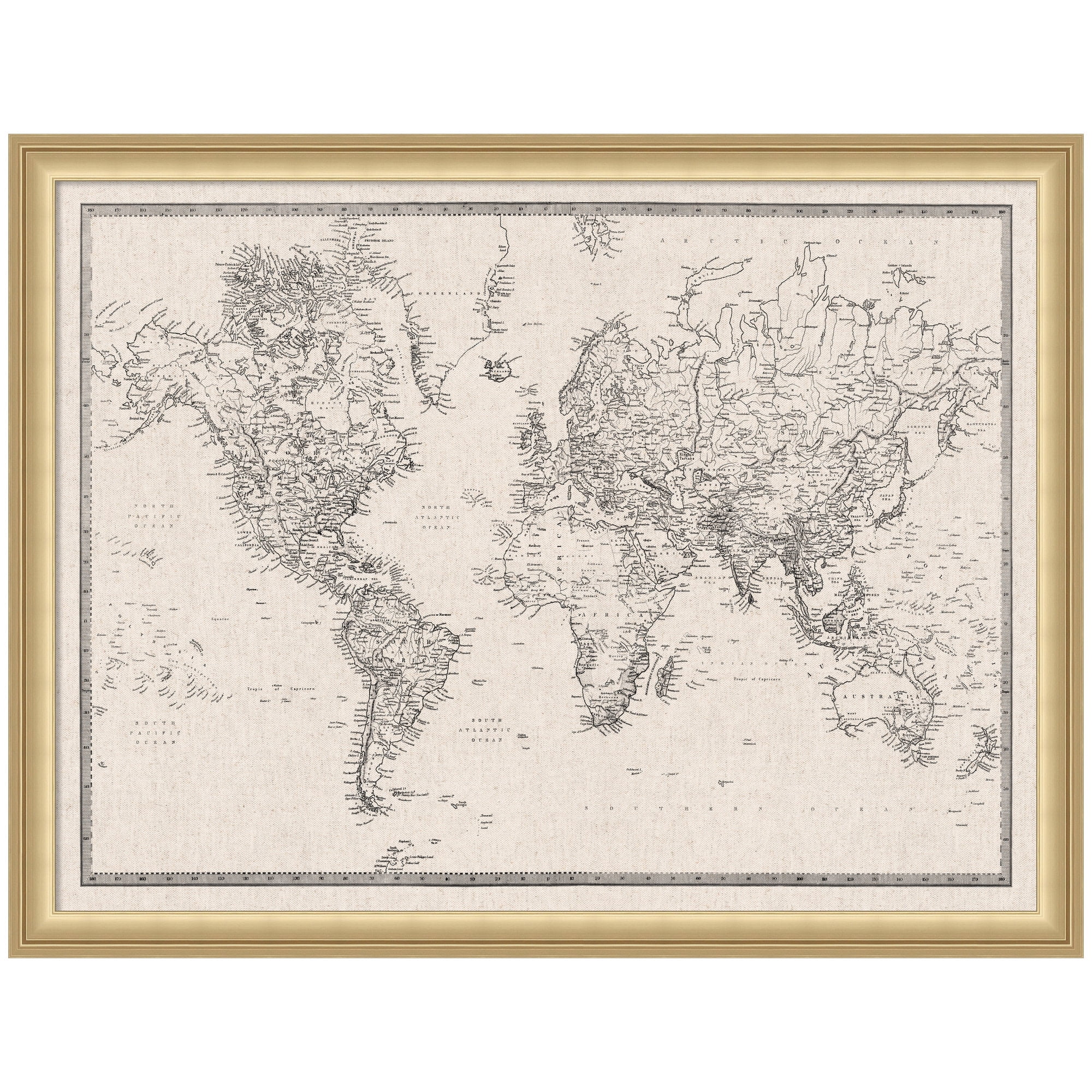 Kate and Laurel Framed Fabric Pinboard 26 x 20, Vintage Black and White Linen World Map Printed Linen Classic Bulletin Board for Use as a Vision Board or Wall Organization, Florence Gold Frame