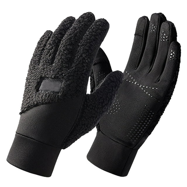 TIEVOSA Womens Autumn Winter Color Block Thickened Teddy Cycling Anti Touchscreen Gloves(Black)