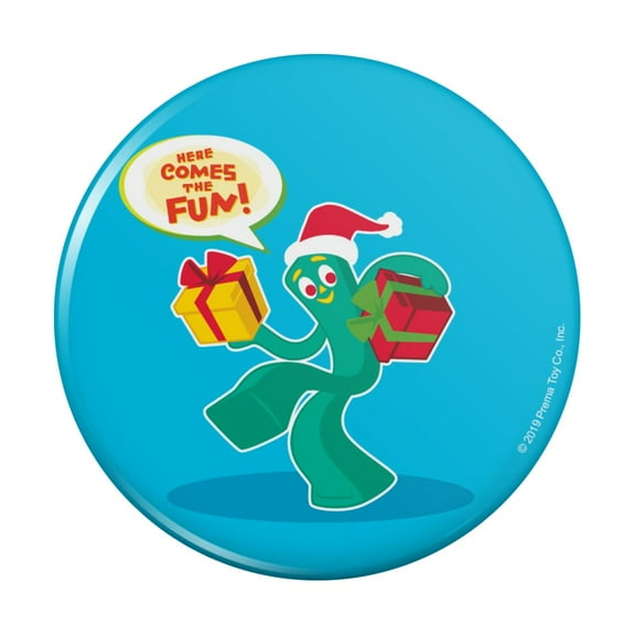 Gumby In Santa Hat With Gifts Here Comes The Fun Kitchen Refrigerator Locker Button Magnet