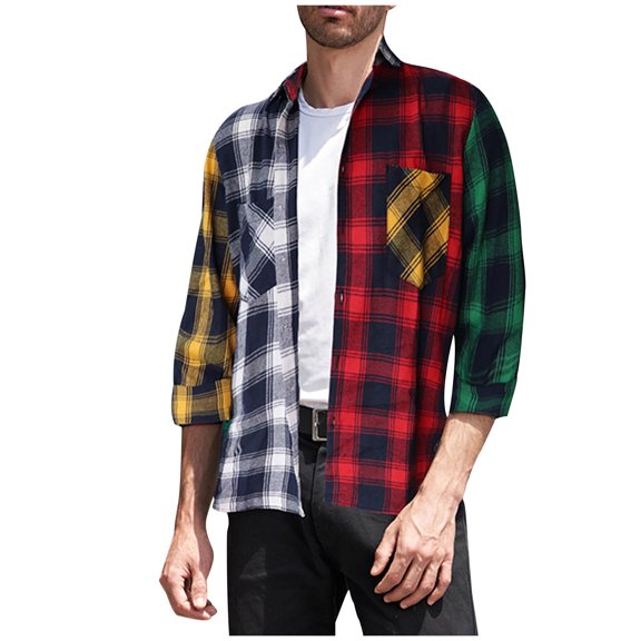 Gmluru Men's Winter Oversize Plaid Jacket Contrast Classic Ancients Long Sleeves Turn-Down Collar Coat Outwear Plus Size