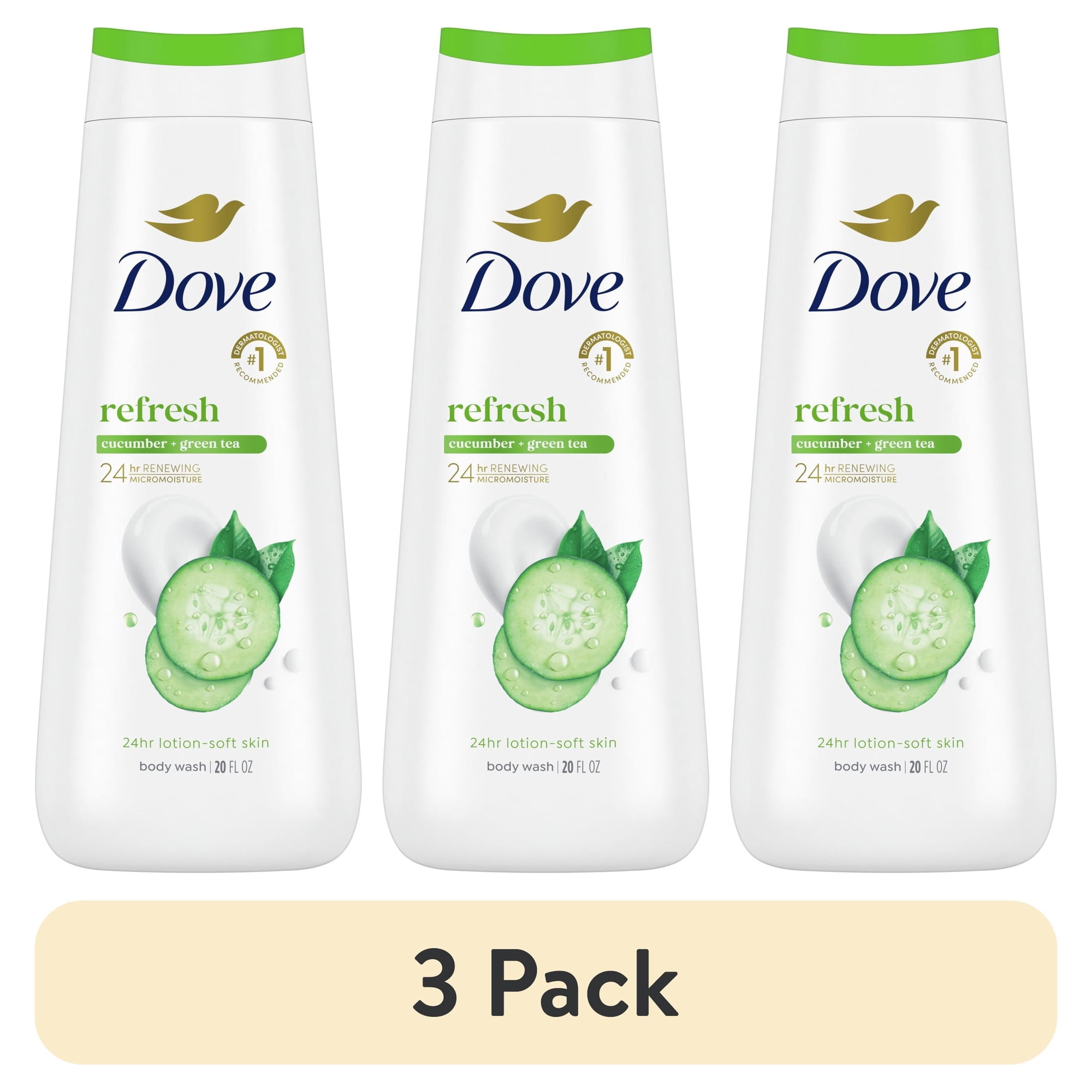 (3 pack) Dove Body Wash for Women Moisturizing Refresh Cucumber & Green Tea Cleanser All Skin, 20 oz