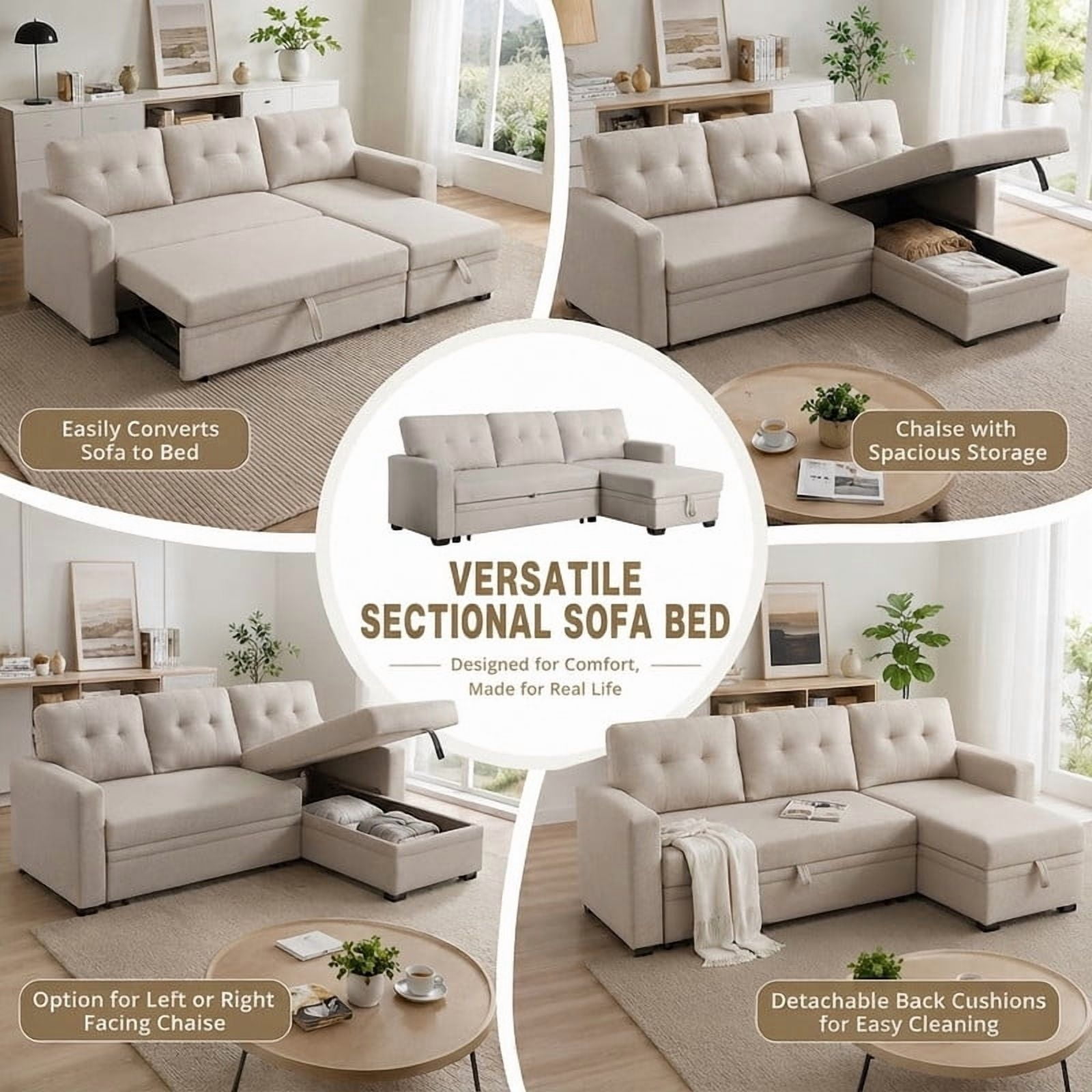 82" L-Shaped Convertible Sleeper Sectional Sofa with Pull-Out Bed, Storage Chaise, Removable Back Cushions, Modular Corner Couch for Living Room, Apartment, Home Office