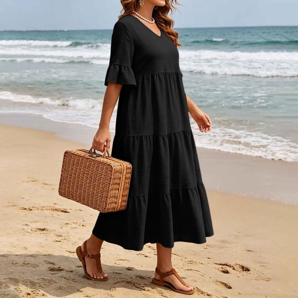 Xaqiouau Plus Size Women V‑Neck 3/4 Sleeve Tiered Ankle‑Length Midi Dress Stretch Textured Pocketed Flowy Summer Everyday Essential Dress Black XL