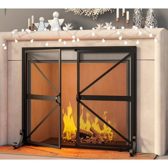 Fire Beauty Fireplace Screen with Doors, 2-Pannel Handcrafted Solid Wrought Iron Decorative Mesh,Baby Safe Proof Firewood Burning Stove Accessories(Black)