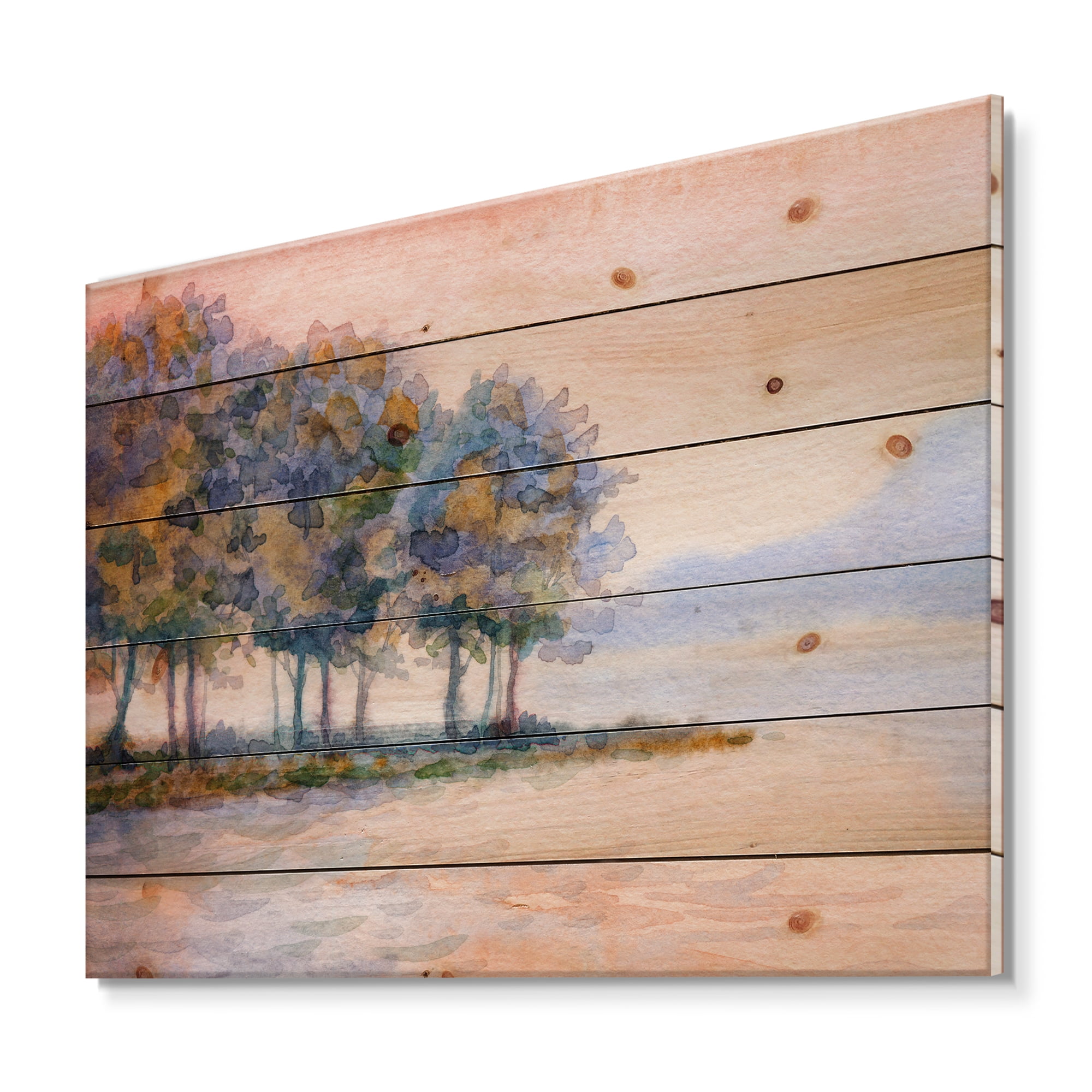 Designart 'The Rural Lake In Sunset Evening II' Traditional Print on Natural Pine Wood