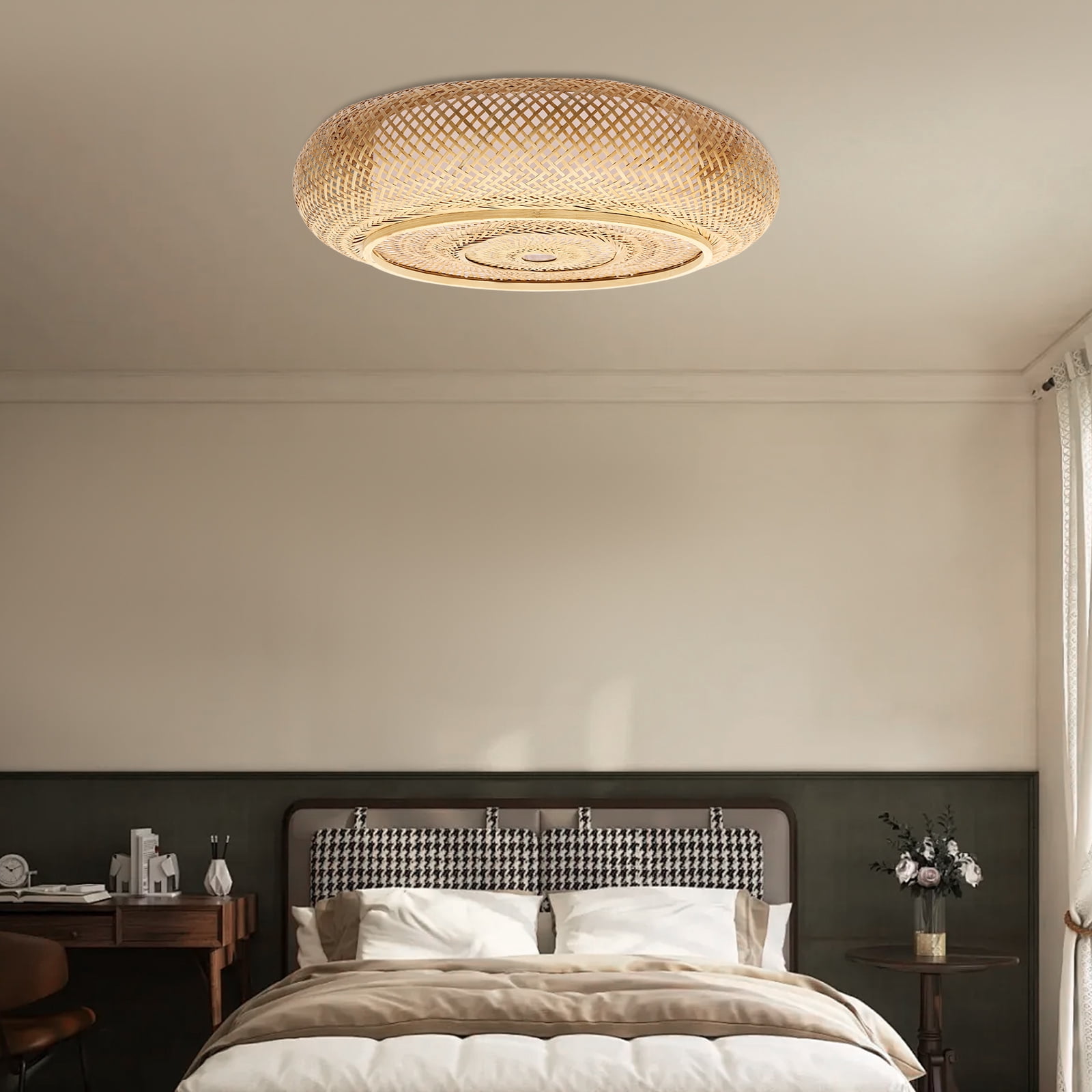 Wildnix Bamboo Ceiling Light, Round Rattan Yellow Design, 3 Lamp Holders, Ceiling Mount, Ideal for Indoor Use, Stylish and Warm Lighting for Living Room and Dining Room