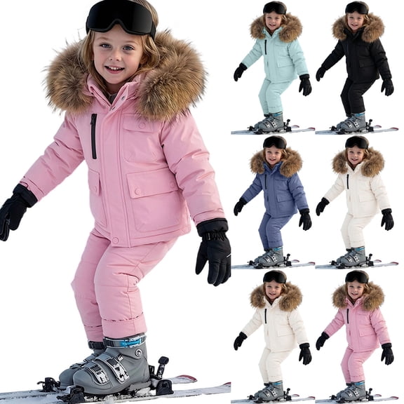 Toddler Kids Winter 2-Piece Snowsuit Set - Solid Color Thick Down Jacket with Large Collar, Waterproof & Windproof Outdoor Snow Gear, Casual Daily Wear, Warm Ski Outfit | CSEONE