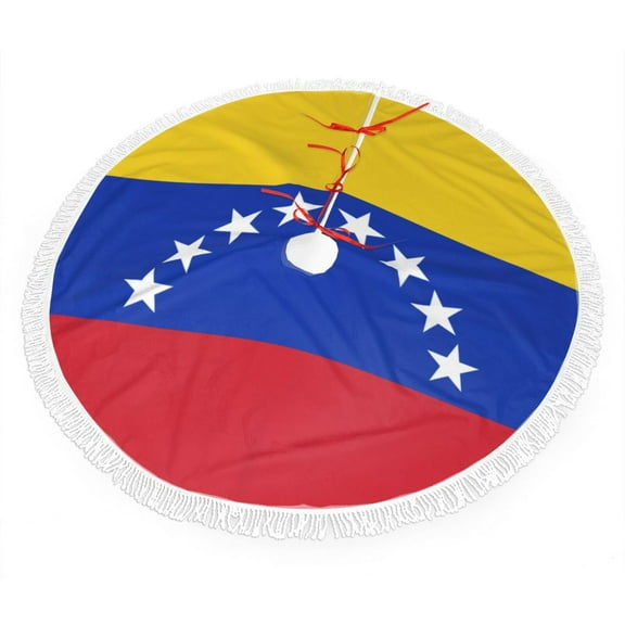 Xmas Tree Skirt Venezuelan Flag Tassel Edge Rustic Christmas Tree Skirts for Party Holiday Decorations 30"