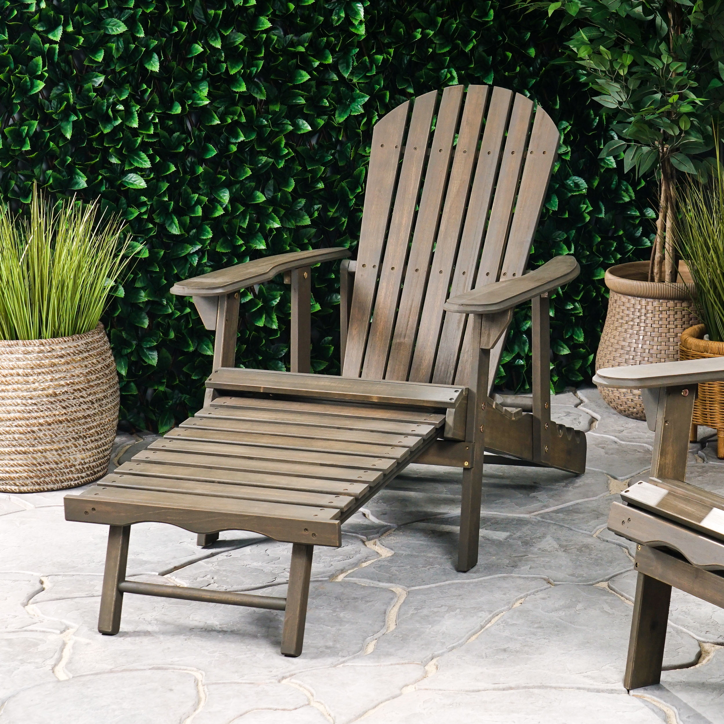 Kono Outdoor Acacia Wood Reclining Adirondack Chair with Footrest, Gray