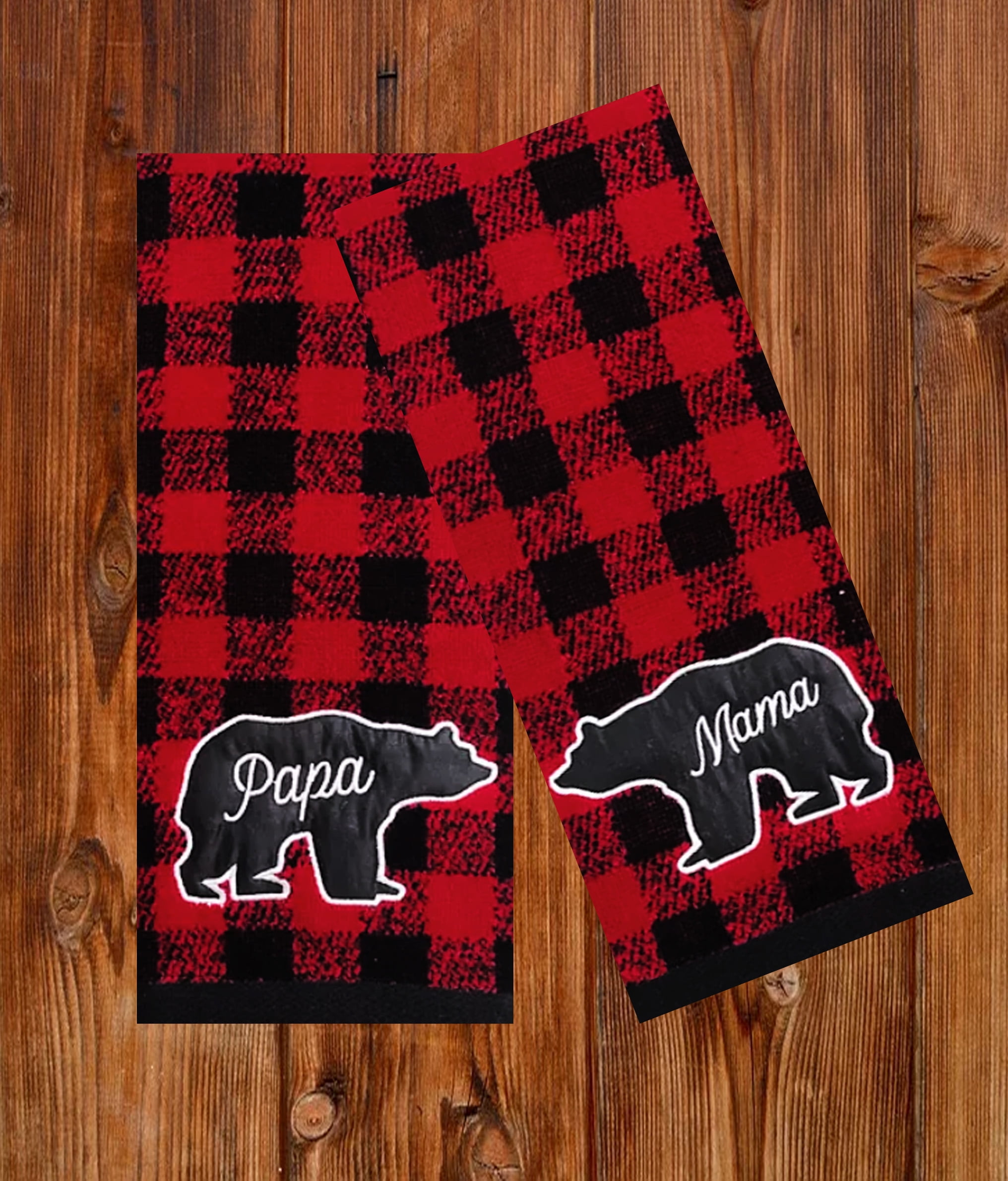 St Nicholas Mama Papa Bear Bath Hand Towels, Red Black Buffalo