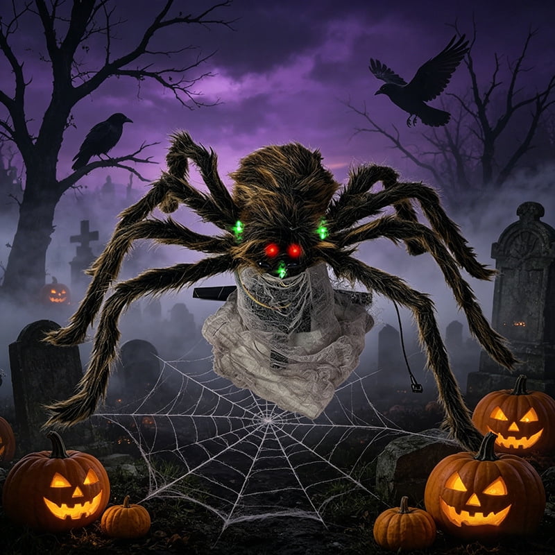 Halloween Animated Jumping Spider Decoration, Scary Electric Bouncing Spider with Sound and Light Effects, Realistic Plush Spider Prop for Haunted Houses, Parties, Yards, and Indoor/Outdoor Decor