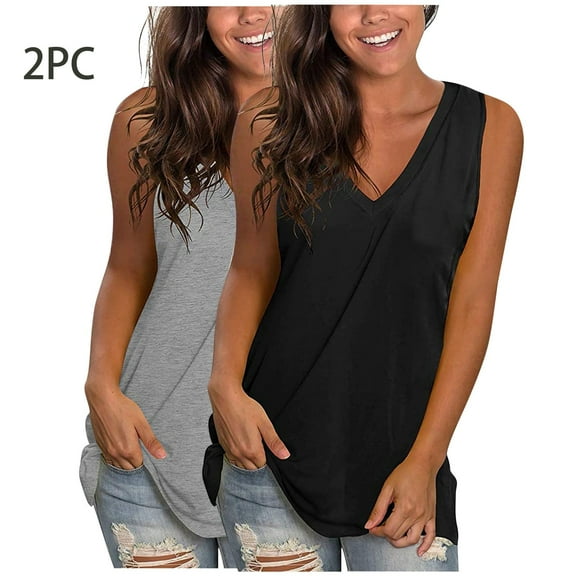 QUINDOS 2 Pack Tank Tops for Women Basic Summer Casual Camisoles for Women Sleeveless V-Neck Strap Multi Pack Shirts Tops Solid Color Loose Undershirts
