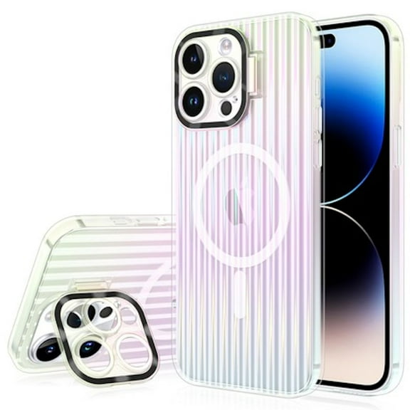 Iridescent Groove Case with MagSafe and Black Camera Ring Stand for iPhone 15 Pro