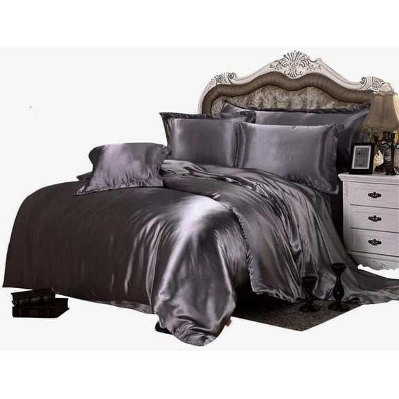 Kanak Bedding All-Season Ultra Soft 500 GSM Queen Size Silky Satin 7Pcs Comforter Set (Comforter Fitted 15" Flat 4 Pillow Case) Dark Grey