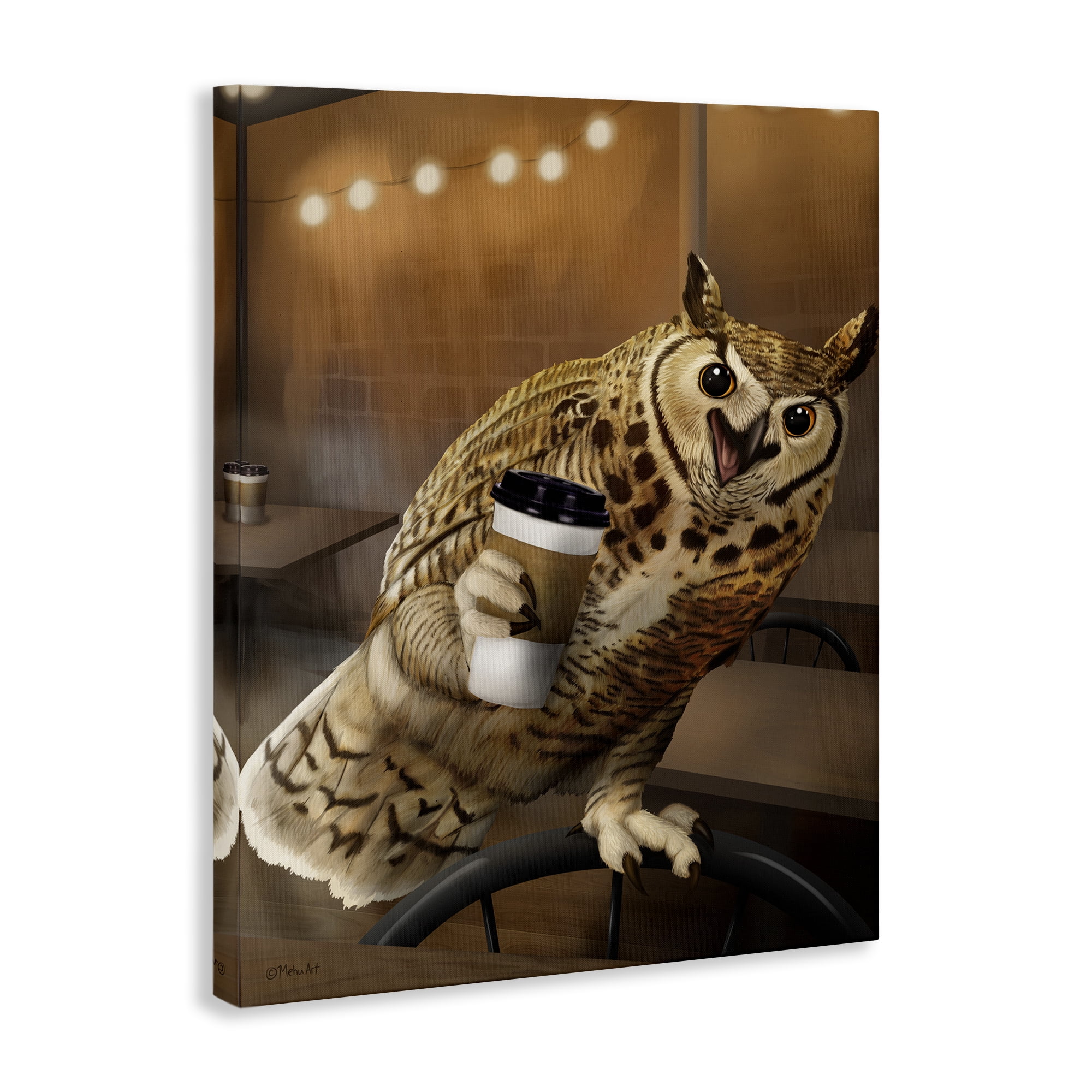 Stupell Industries Owl with Coffee Cup Food & Beverage Painting Gallery Wrapped Canvas Art Print Wall Art, 30 x 40