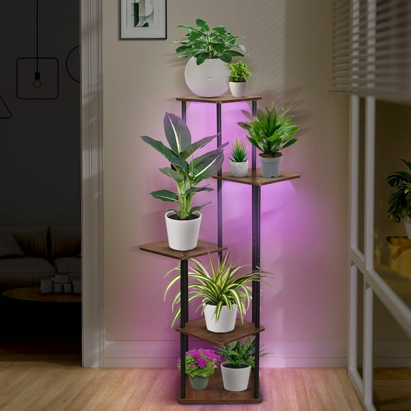 HRYGD Plant Stand Indoor with Grow Lights, 5 Tiered Indoor Metal Lighted Flower Shelf for Multiple Plants, Corner Tall Flower Holders for Living Room, Bedroom, Patio, Balcony