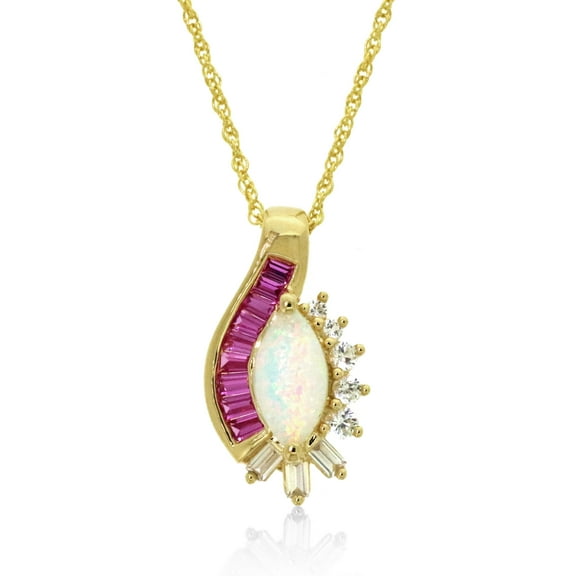 Jay Heart Designs Sterling with 14KY Gold Plated Silver Created Opal, Created Pink Sapphire and Created White Sapphire Marquise Pendant with 18" Chain
