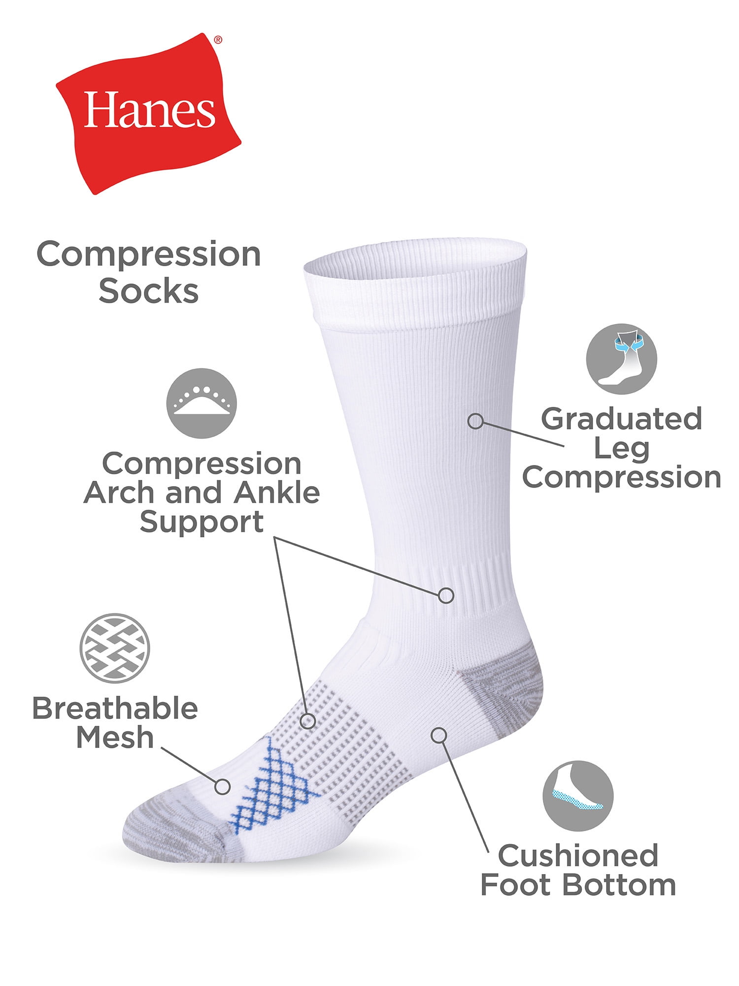 Hanes Men's Compression Crew Socks, 2-Pack, Sizes 6-12