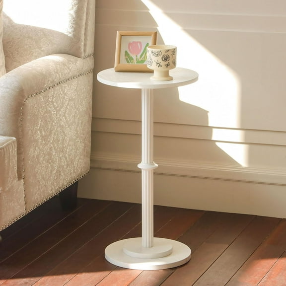Drink Table, Small Side Table for Small Spaces, Modern Round End Table with Fluted Wood Leg, White