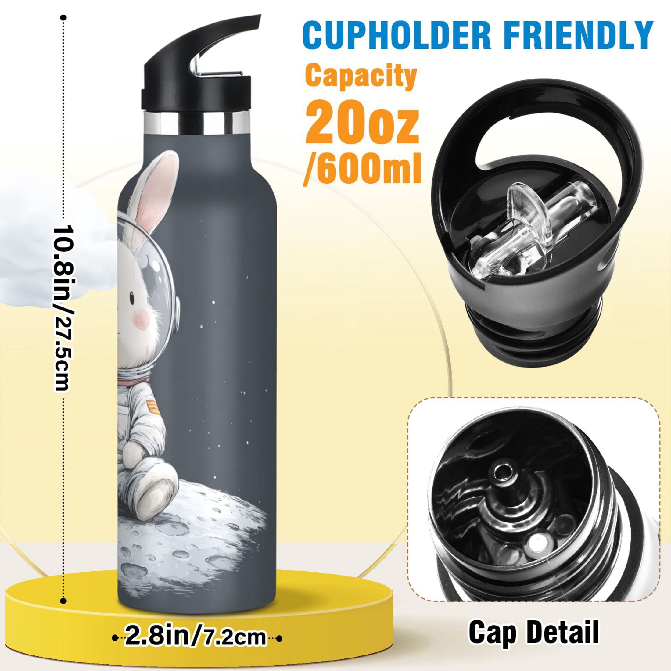 Kids Insulated Stainless Steel Sports Water Bottle 600ml (20oz) Rabbit in A Space