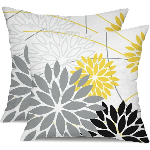 Grey and Yellow Black Floral Pillow Covers 18x18 Set of 2 Outdoor Decorative Throw Pillows Summer Pillow Covers Polyester Cushion Case Decor for Couch Patio Funiture Garden Porch 011C18
